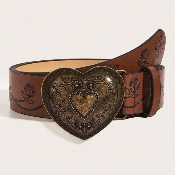 Boho Vegan Leather Floral Etched Heart Buckle Belt - Picture 1 of 5